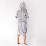 Load image into Gallery viewer, Girl wearing soft grey hooded robe - back view