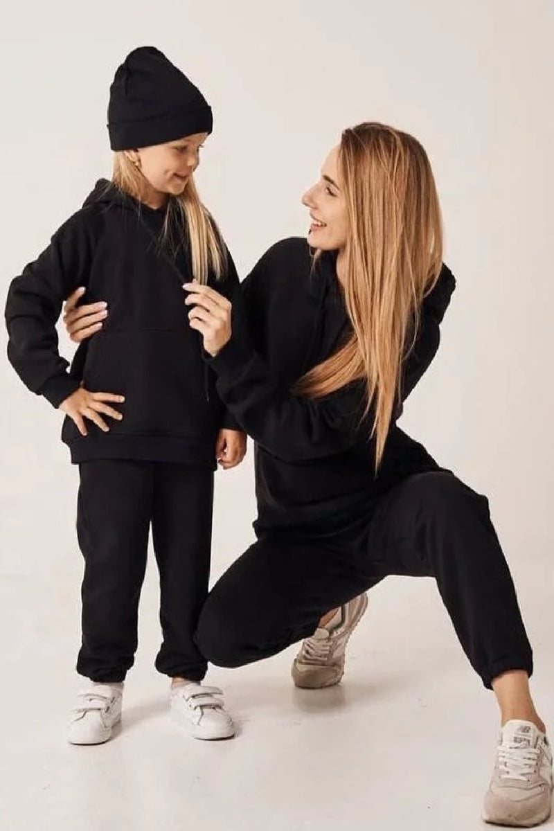 Mommy Me Pullover Hooded Tracksuits Black COMFY TRENDS