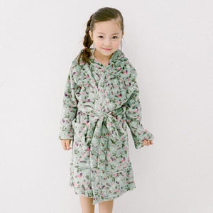 Girl wearing soft sage floral robe - front