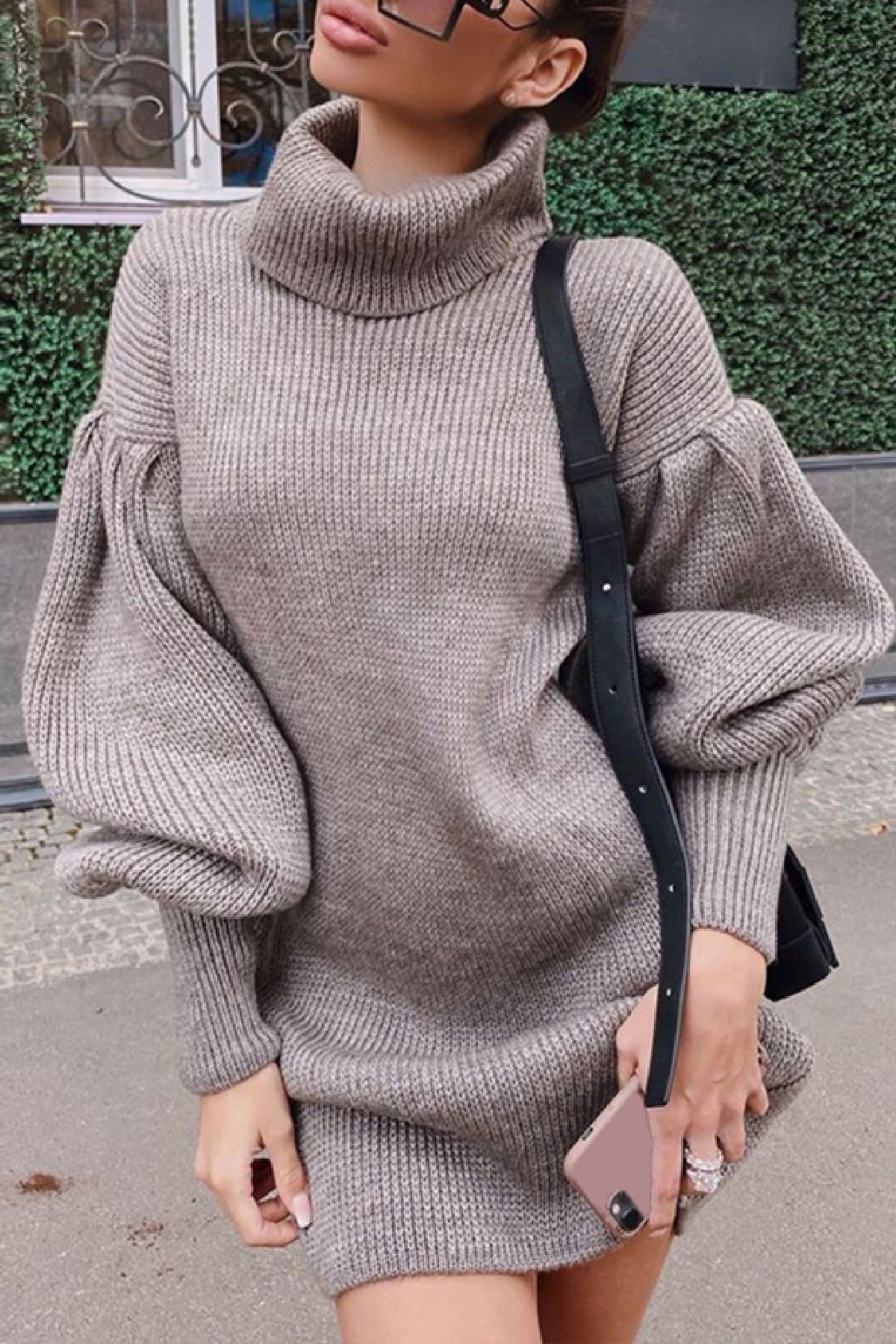 Cozy High Neck Knitted Dress with Lantern Sleeves