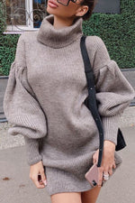 Load image into Gallery viewer, Cozy High Neck Knitted Dress with Lantern Sleeves
