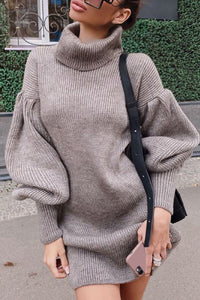Cozy High Neck Knitted Dress with Lantern Sleeves