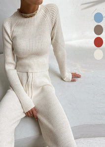 Cozy Casual Ribbed Knit Crew Neck and Pants Co-ords