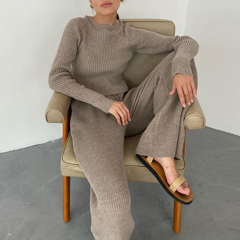 Cozy Casual Ribbed Knit Crew Neck and Pants Co-ords