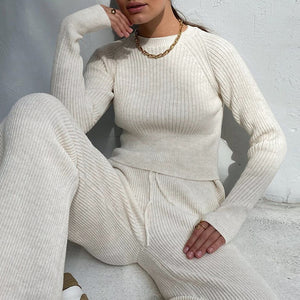 Cozy Casual Ribbed Knit Crew Neck and Pants Co-ords