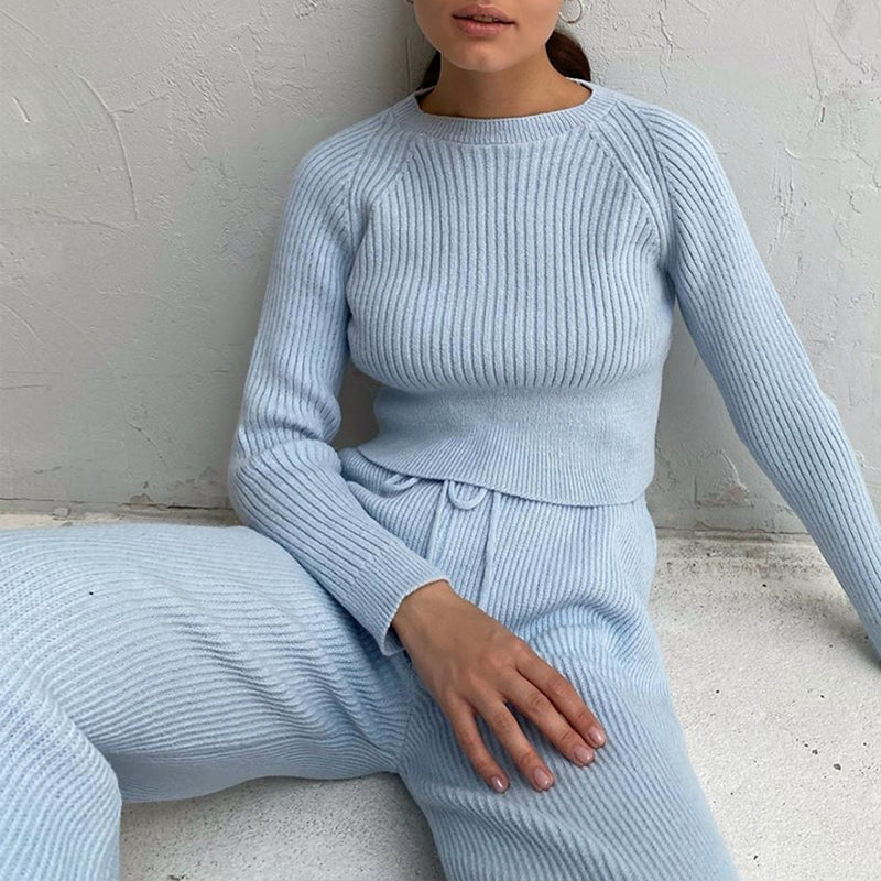 Cozy Casual Ribbed Knit Crew Neck and Pants Co-ords