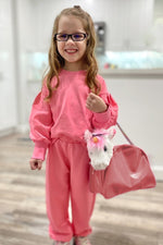 Load image into Gallery viewer, Hot Pink Pullover Lantern Sleeve and Pants Kids Set

