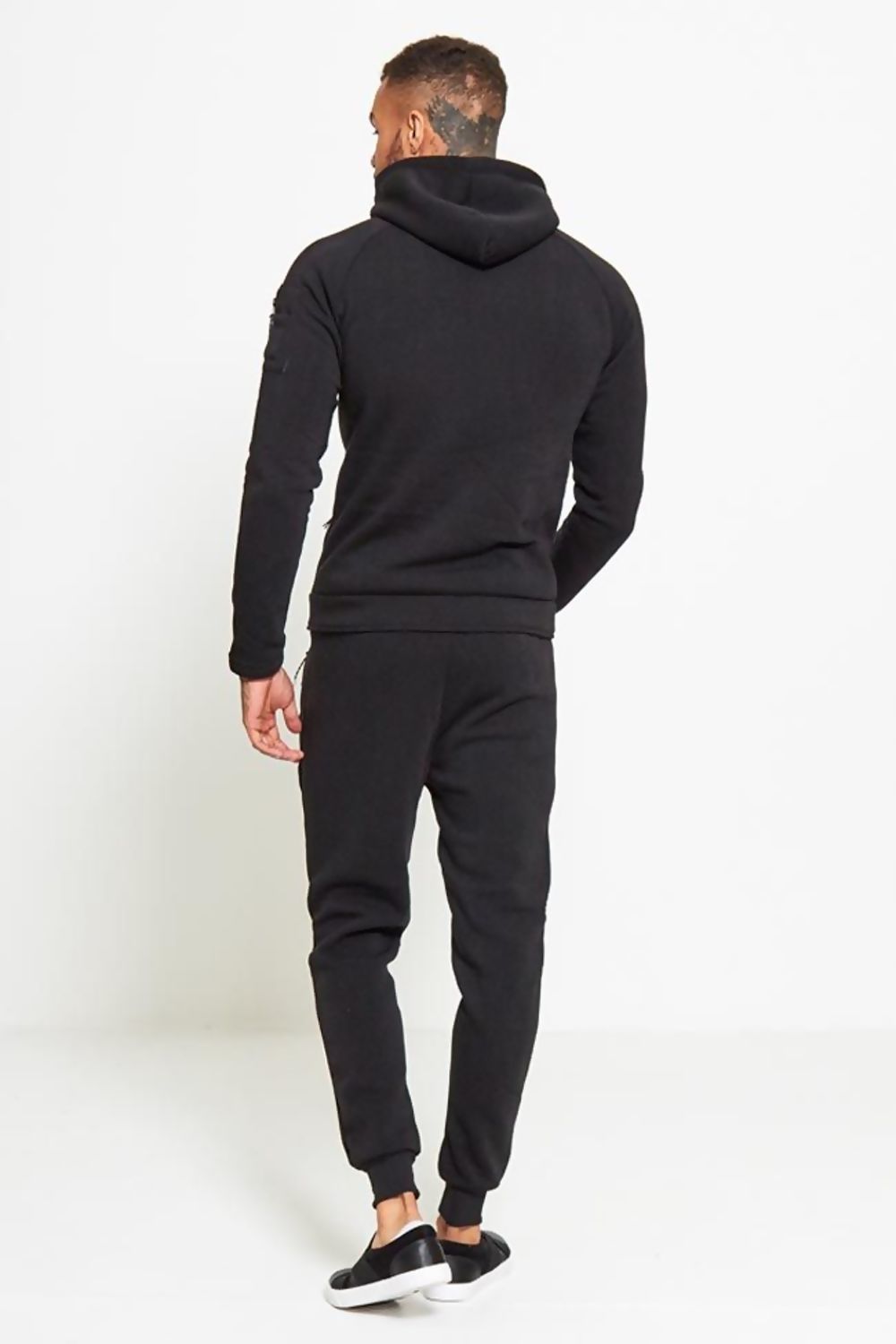 Comfy Black Zip Through Skinny Fit Hooded Tracksuit Set
