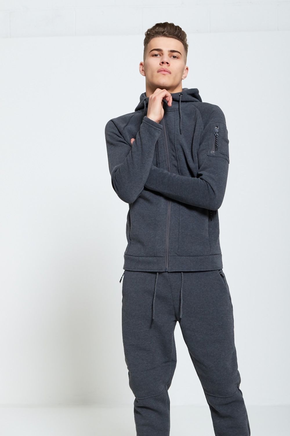 Comfy Charcoal Zip Through Skinny Fit Hooded Tracksuit Set  - ACCEPTING PRE-ORDERS