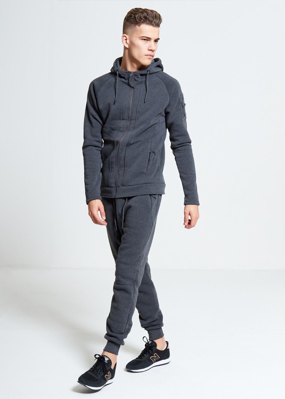 Comfy Charcoal Zip Through Skinny Fit Hooded Tracksuit Set  - ACCEPTING PRE-ORDERS