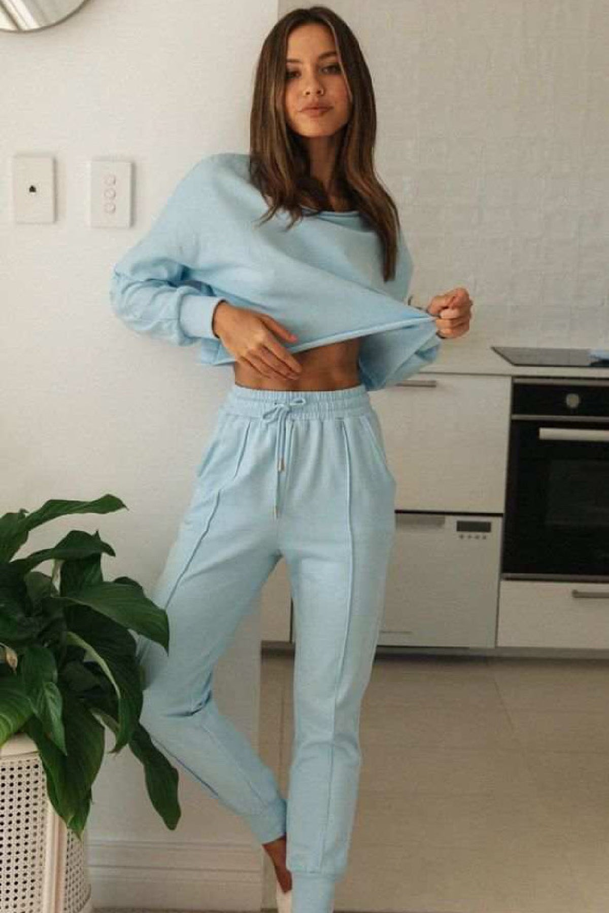 Sky Blue Lightweight Raw Edged Neck Cropped Top and Pants Set