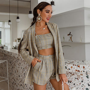PRE-ORDER We're Mad for Plaid Trendy 3-Piece Shorts, Crop Top and Blazer Set