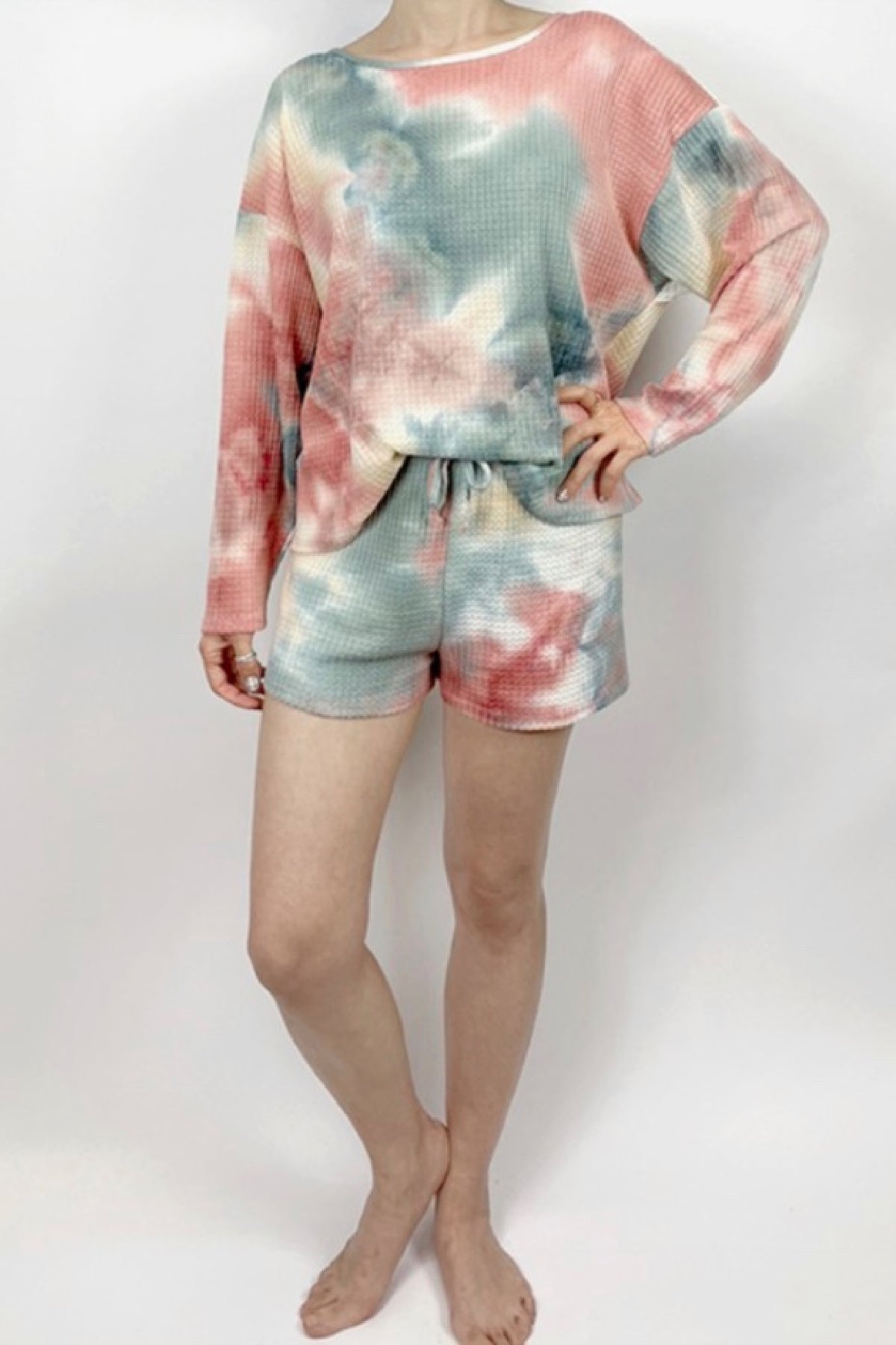 PRE-ORDER Mommy/Adults Soft Long Sleeves and Shorts Hand Tie Dyed Waffle Set