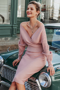 Two-Piece V-Neck Knitted Batwing Sleeve Top and Fitted Skirt
