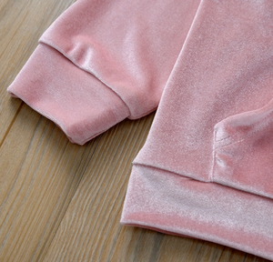 Girls Velvet Tracksuit Pullover Hooded Sweatshirt & Pants Sets - DUSTY PINK