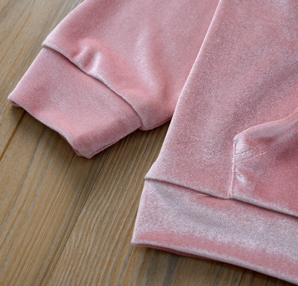 Boys & Girls Velvet Tracksuit Pullover Hooded Sweatshirt & Pants Sets - cuff and hem