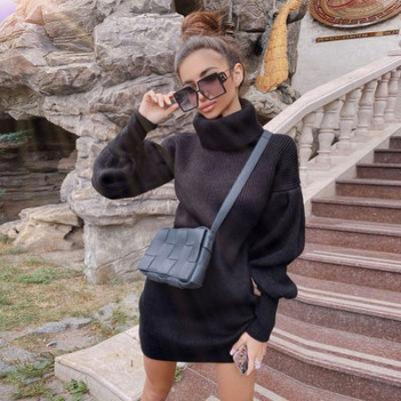 Cozy High Neck Knitted Dress with Lantern Sleeves