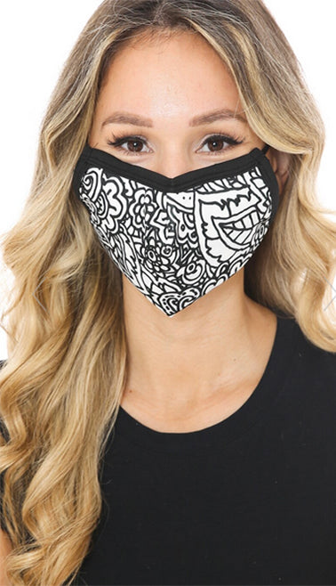 Black and White Floral Graphic Print Face Mask Front