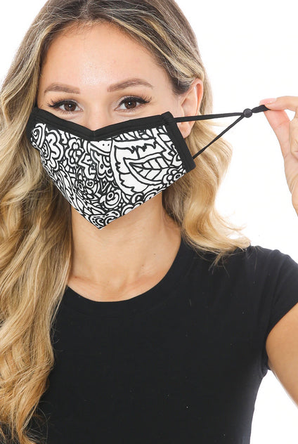 Black and White Floral Graphic Print Face Mask Front