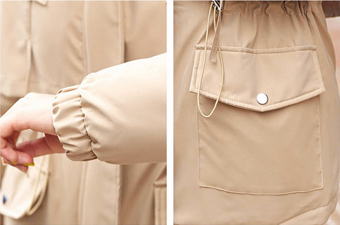 Super Soft and Comfy Faux Fur Hooded Trim Down Coat - KHAKI