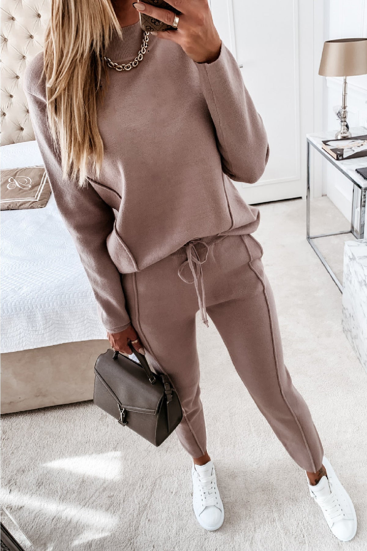 Dusty Pink Feather-Weight Pullover Mock Neck Sweatshirt and Pants Set