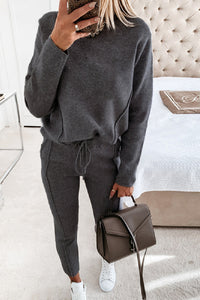 Grey Feather-Weight Pullover Mock Neck Sweatshirt and Pants Set