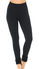 Load image into Gallery viewer, Black Poly Fur Hem Cuffed Fleeced Lined Leggings Front View
