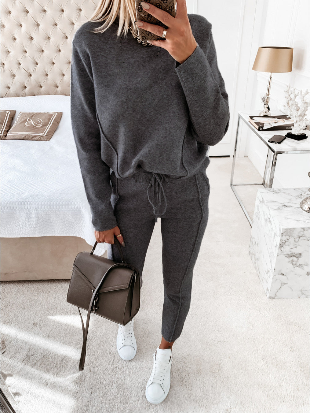 Grey Feather-Weight Pullover Mock Neck Sweatshirt and Pants Set