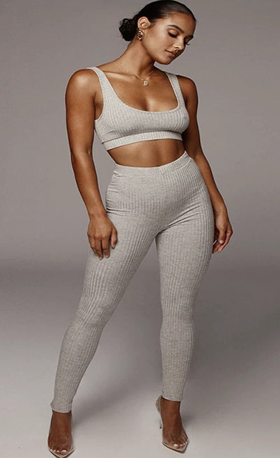 Comfy Knitted Crop Top and Pants Two-Piece Set