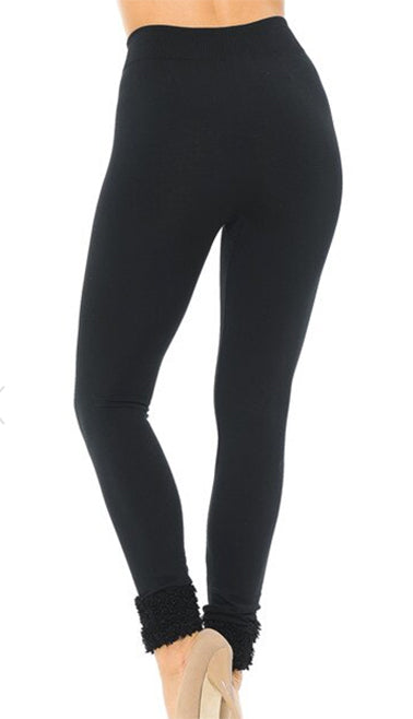 Black Poly Fur Hem Cuffed Fleeced Lined Leggings Back View