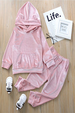 Load image into Gallery viewer, Girls Velvet Tracksuit Pullover Hooded Sweatshirt &amp; Pants Sets - DUSTY PINK
