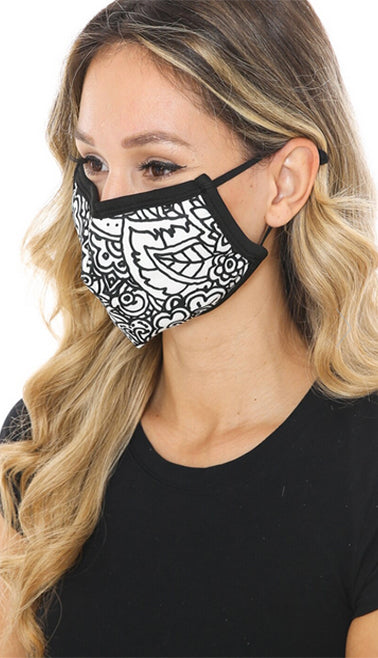 Black and White Floral Graphic Print Face Mask Side View